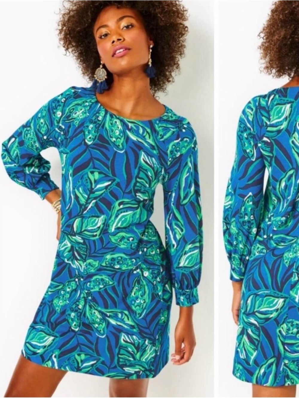 Lilly Pulitzer Elianna 100% Cotton 3/4 Sleeve Dress Indigo Breeze Size Large